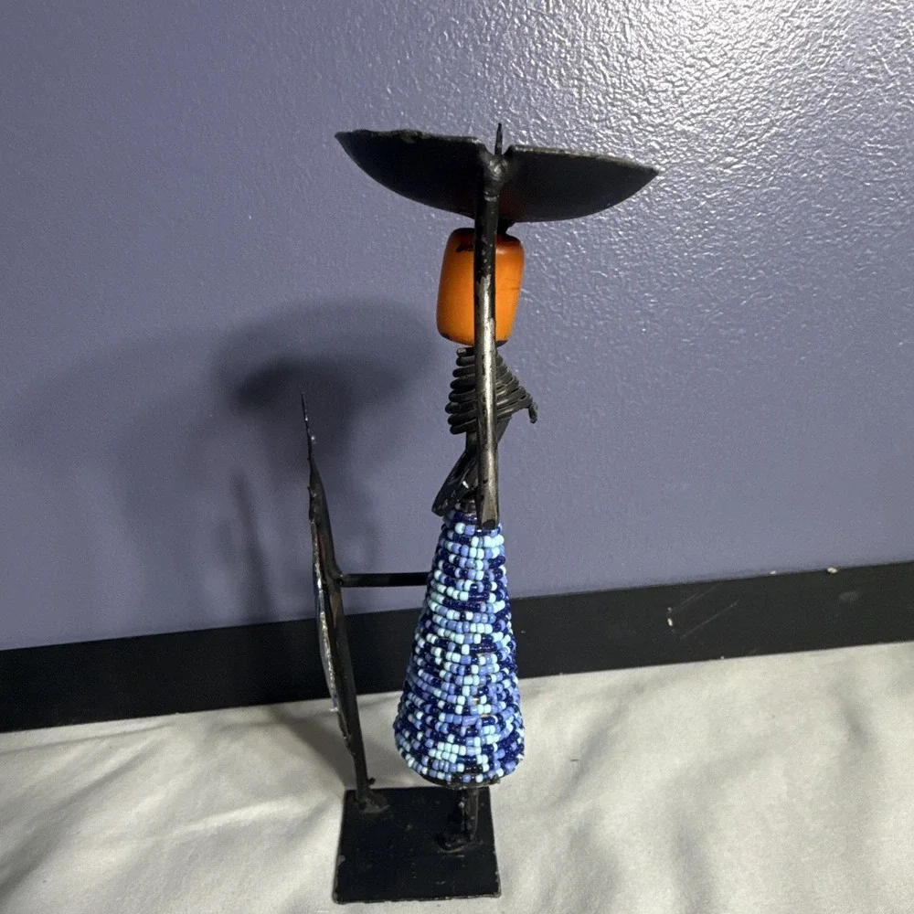 African Style Figure Candle Holder, Hand-Painted Geometric Metal, 10 in